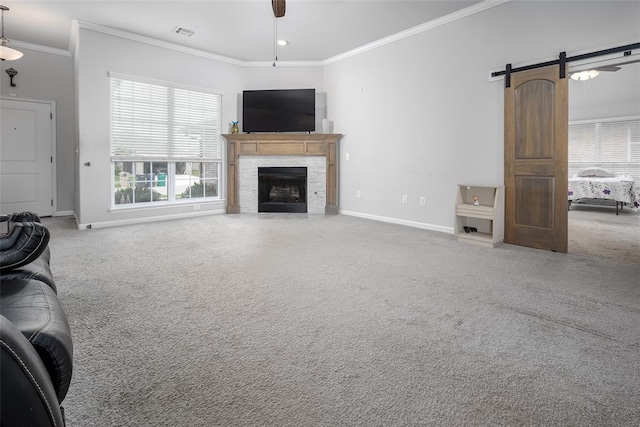 1208 Hickory Creek Dr, Yukon, OK 73099 - unfurnished living room with a fireplace, ornamental molding, carpet, and baseboards