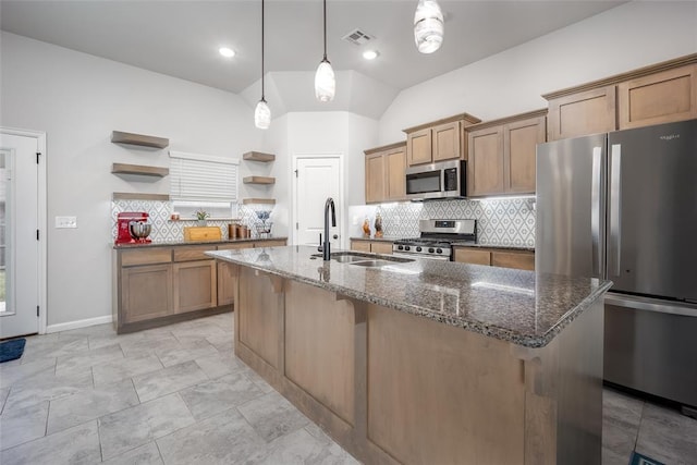 1208 Hickory Creek Dr, Yukon, OK 73099 - kitchen featuring dark stone countertops, open shelves, a sink, stainless steel appliances, and decorative backsplash