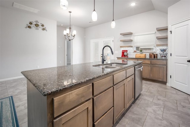 1208 Hickory Creek Dr, Yukon, OK 73099 - kitchen with a sink, open shelves, a kitchen island with sink, visible vents, and dishwasher