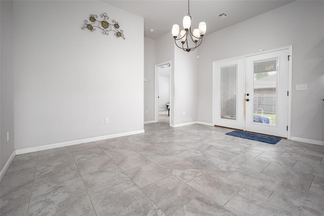 1208 Hickory Creek Dr, Yukon, OK 73099 - unfurnished dining area featuring visible vents, french doors, baseboards, and a notable chandelier