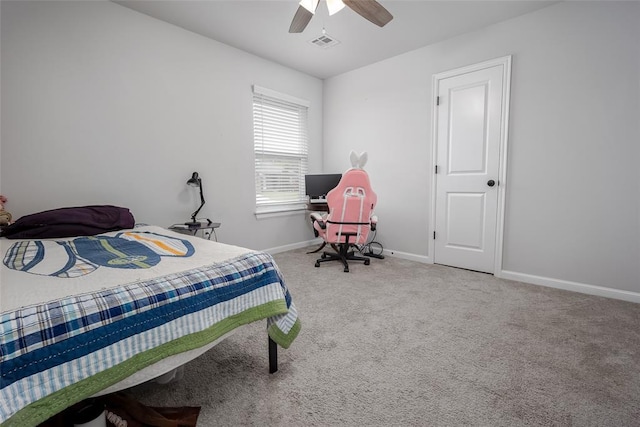 1208 Hickory Creek Dr, Yukon, OK 73099 - bedroom with carpet flooring, visible vents, baseboards, and ceiling fan
