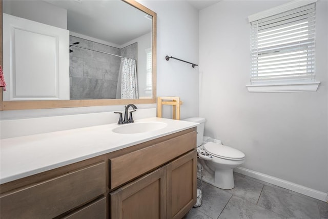 1208 Hickory Creek Dr, Yukon, OK 73099 - full bathroom with toilet, tile patterned floors, curtained shower, baseboards, and vanity