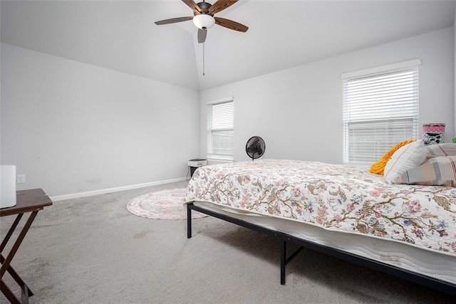 1208 Hickory Creek Dr, Yukon, OK 73099 - carpeted bedroom featuring vaulted ceiling, baseboards, and a ceiling fan