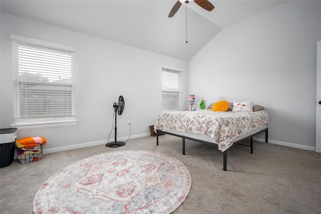 1208 Hickory Creek Dr, Yukon, OK 73099 - bedroom featuring vaulted ceiling, ceiling fan, carpet, and baseboards