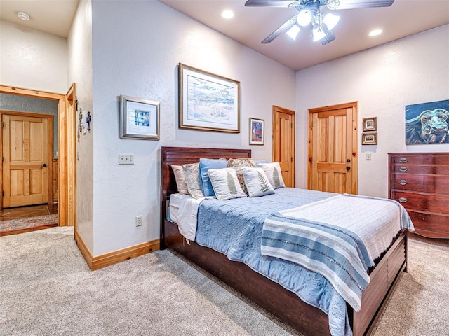 3812 Ridgeline Dr, Norman, OK 73072 - bedroom featuring recessed lighting, carpet flooring, ceiling fan, and a textured wall