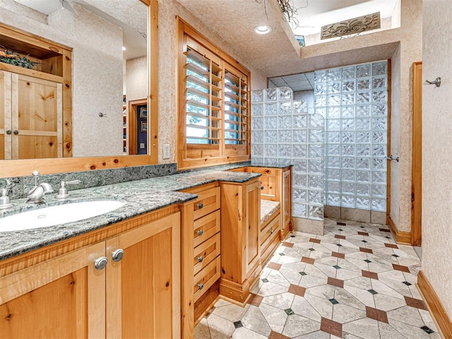 3812 Ridgeline Dr, Norman, OK 73072 - full bathroom with walk in shower, vanity, baseboards, and tile patterned floors