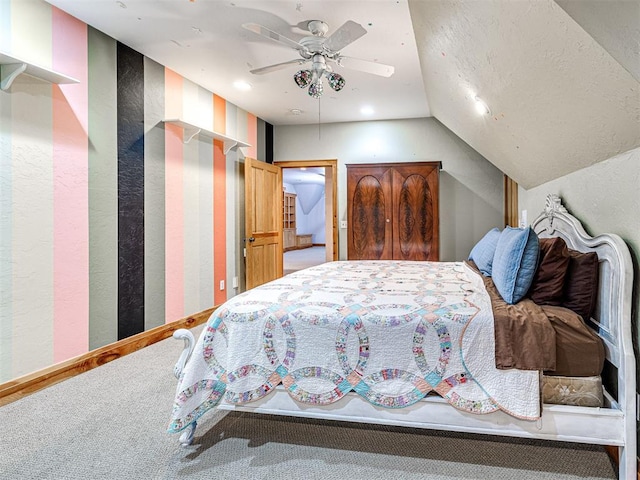 3812 Ridgeline Dr, Norman, OK 73072 - carpeted bedroom with recessed lighting, vaulted ceiling, a ceiling fan, and a textured wall