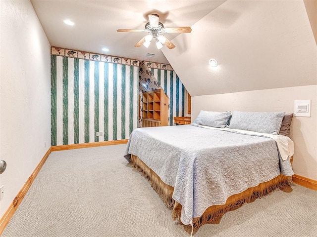 3812 Ridgeline Dr, Norman, OK 73072 - bedroom featuring recessed lighting, wallpapered walls, baseboards, carpet flooring, and ceiling fan