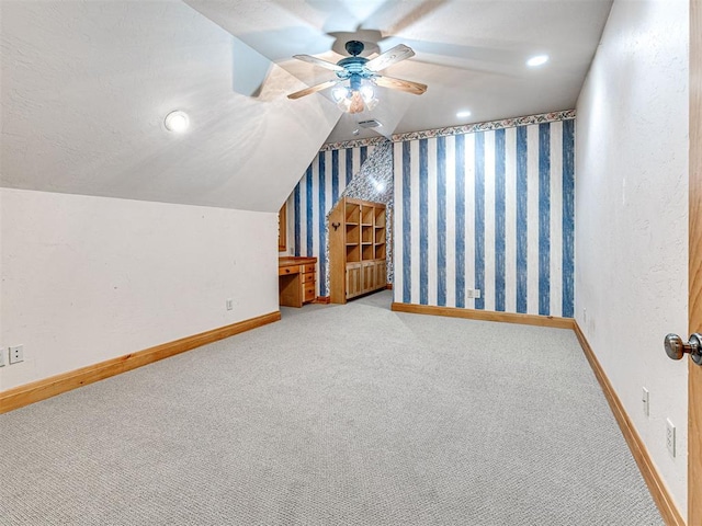 3812 Ridgeline Dr, Norman, OK 73072 - bonus room featuring carpet, a ceiling fan, baseboards, and lofted ceiling