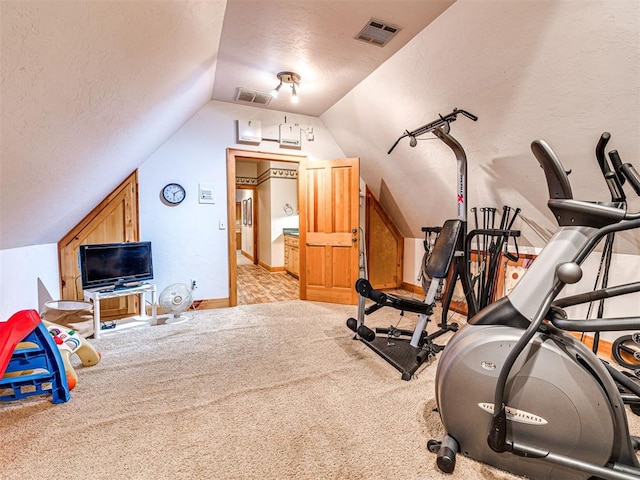 3812 Ridgeline Dr, Norman, OK 73072 - exercise room with vaulted ceiling, a textured ceiling, carpet flooring, and visible vents