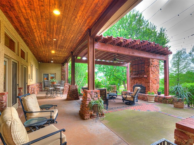 3812 Ridgeline Dr, Norman, OK 73072 - view of patio / terrace featuring an outdoor living space with a fireplace, outdoor dining area, and ceiling fan