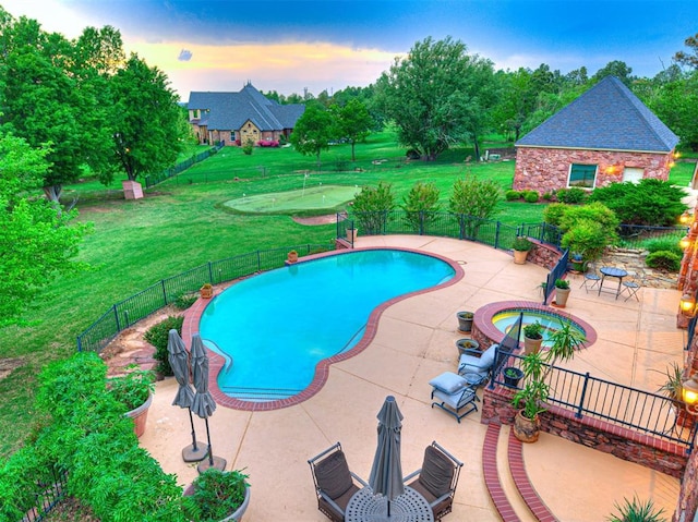 3812 Ridgeline Dr, Norman, OK 73072 - pool at dusk with a lawn, a patio, a fenced in pool, and fence
