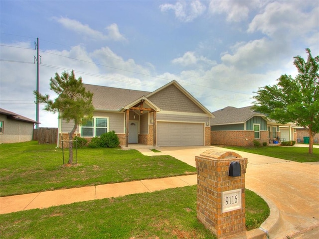 single story home featuring driveway, a front yard, brick siding, fence, and an attached garage