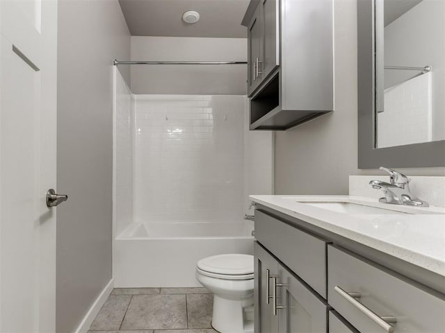 bathroom with shower / tub combination, tile patterned flooring, vanity, toilet, and baseboards