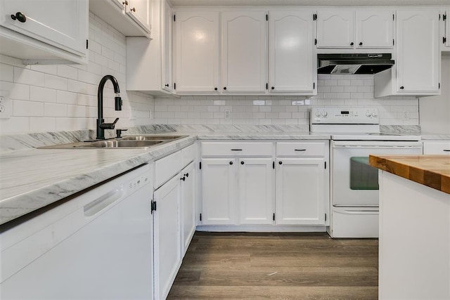 kitchen featuring a sink, dark wood-style flooring, white cabinets, and white appliances