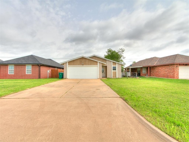 ranch-style house with brick siding, a garage, and a front lawn