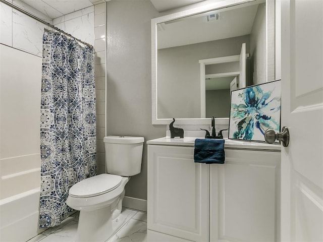 full bath featuring vanity, toilet, marble finish floor, baseboards, and visible vents