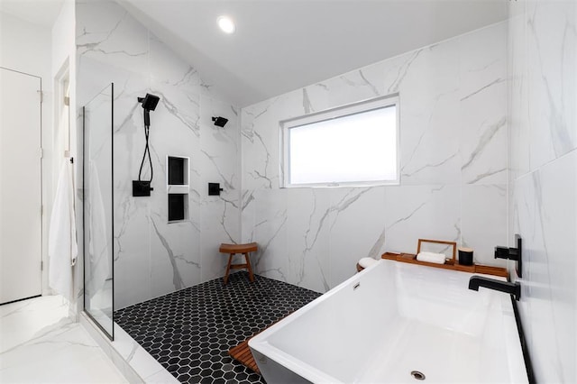 1216 W Wilshire Blvd, Nichols Hills, OK 73116 - bathroom with a marble finish shower, a sink, a freestanding bath, and vaulted ceiling