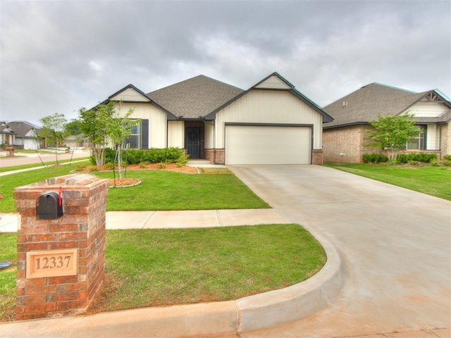 view of front of property with a garage, a front lawn, brick siding, board and batten siding, and driveway
