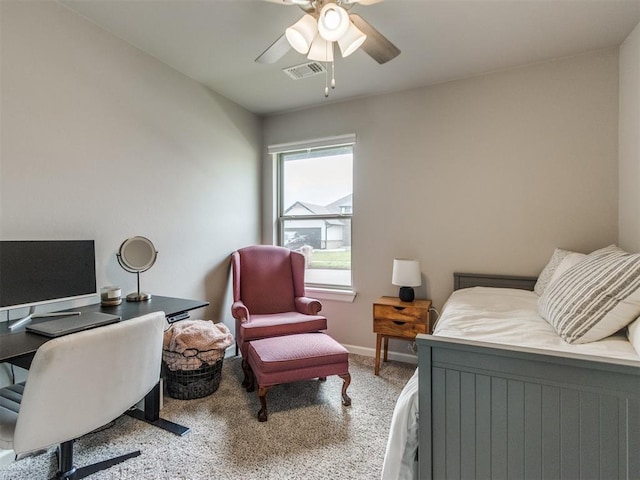 bedroom featuring visible vents, carpet flooring, baseboards, and ceiling fan