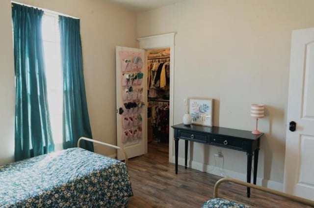 bedroom with a closet, a walk in closet, and dark wood-type flooring