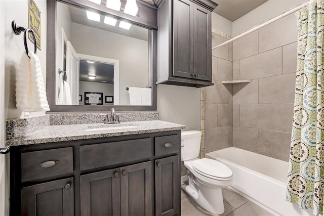 bathroom with vanity, tile patterned flooring, toilet, and shower / bathtub combination with curtain