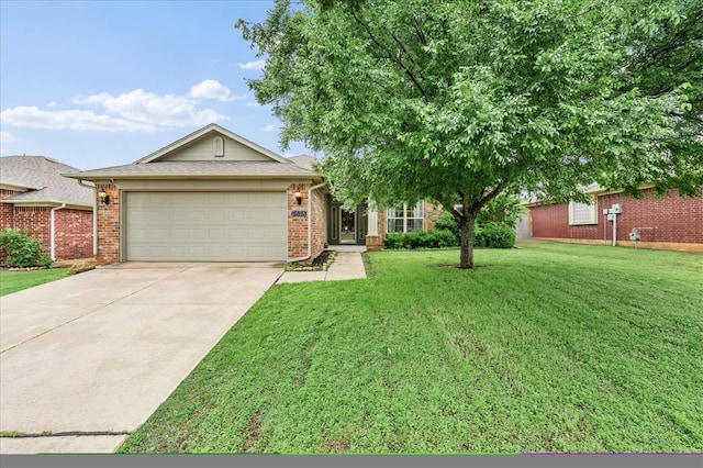 ranch-style house with concrete driveway, brick siding, a front yard, and a garage