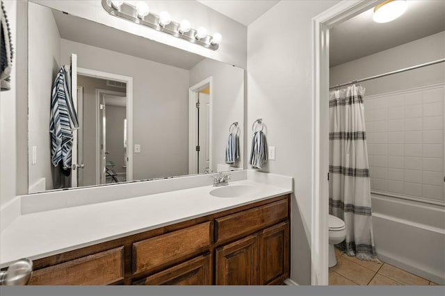 bathroom with tile patterned floors, vanity, toilet, and shower / bath combination with curtain