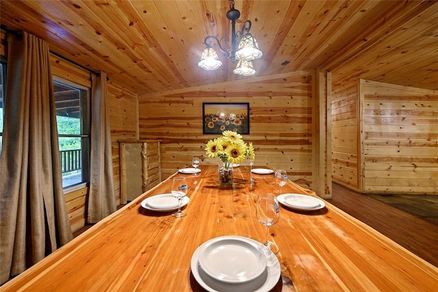 dining room featuring wooden walls, a chandelier, wood ceiling, and vaulted ceiling