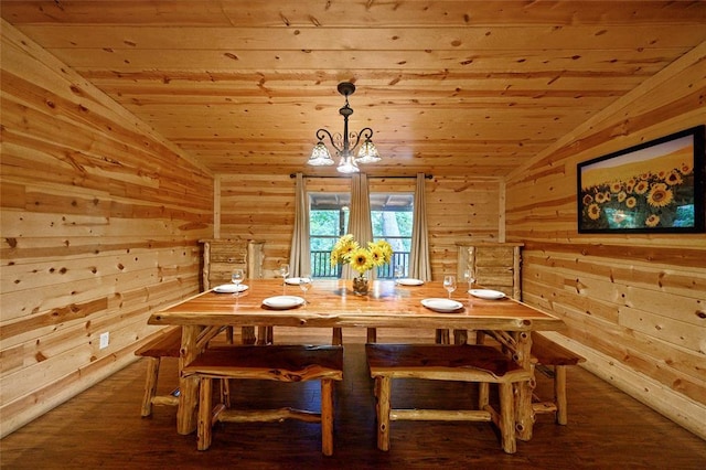 dining area with vaulted ceiling, wood ceiling, a notable chandelier, and wood finished floors