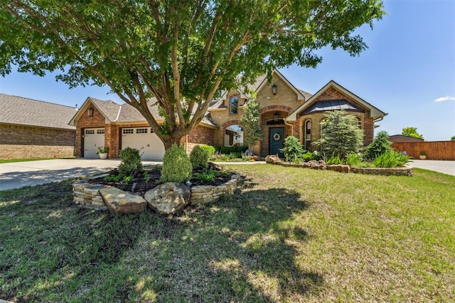 view of front of property featuring a garage, a front lawn, brick siding, and driveway
