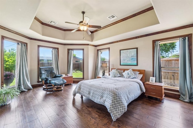 bedroom featuring a raised ceiling, visible vents, and multiple windows