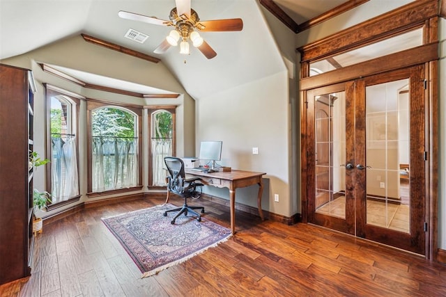 office area with a ceiling fan, vaulted ceiling, french doors, visible vents, and wood finished floors