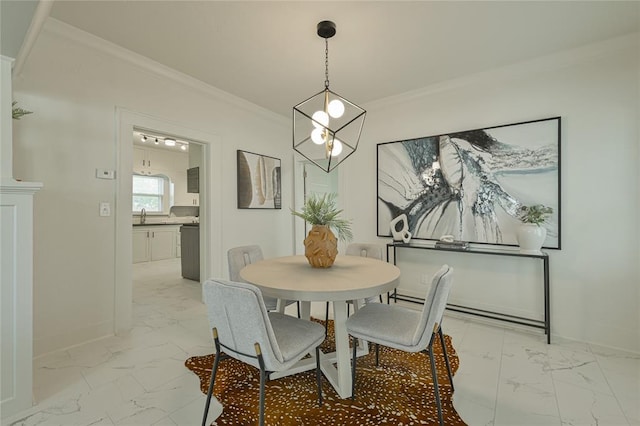 dining space with crown molding, baseboards, and marble finish floor