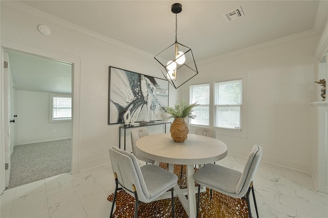 dining room with crown molding, baseboards, visible vents, and marble finish floor