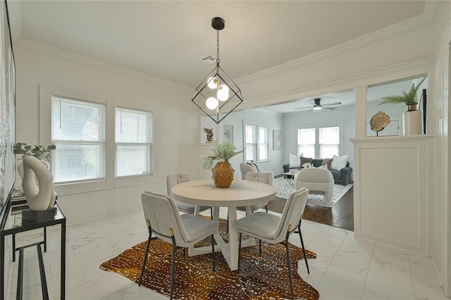 dining space featuring crown molding, ceiling fan, visible vents, and marble finish floor