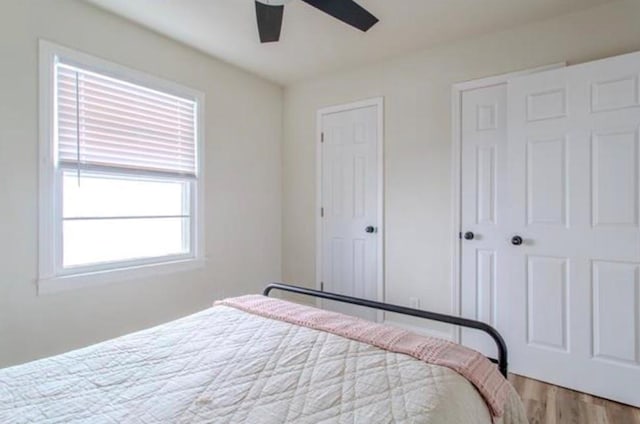 bedroom with ceiling fan and wood finished floors