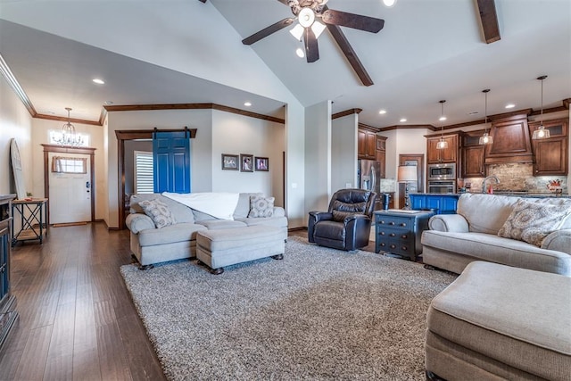 living area featuring crown molding, ceiling fan with notable chandelier, recessed lighting, and a barn door