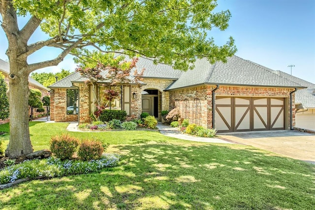 view of front of home featuring an attached garage, fence, a shingled roof, and a front yard