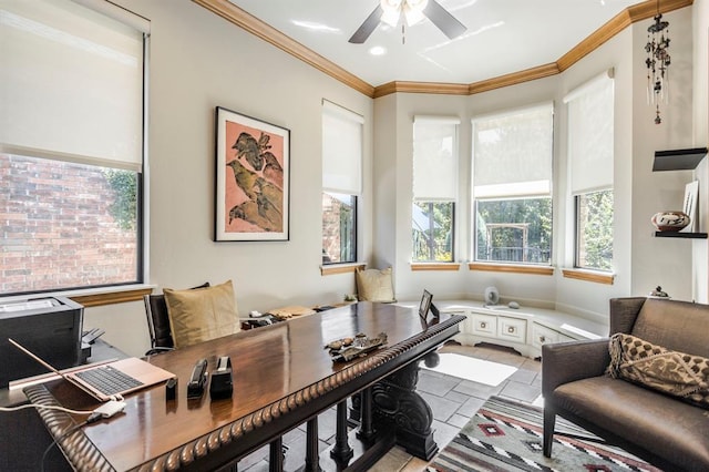 home office with crown molding, recessed lighting, ceiling fan, and a healthy amount of sunlight