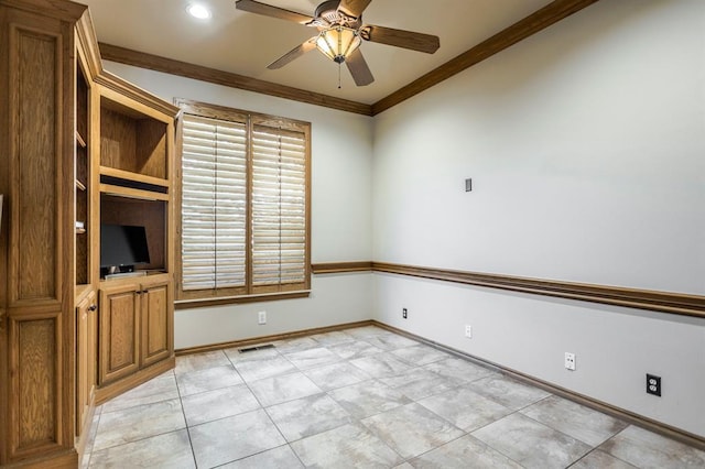 spare room with a ceiling fan, visible vents, crown molding, baseboards, and recessed lighting