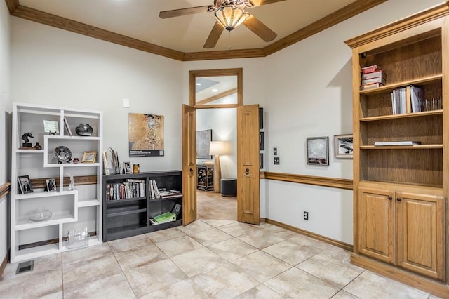 interior space featuring a ceiling fan, baseboards, light tile patterned floors, visible vents, and ornamental molding