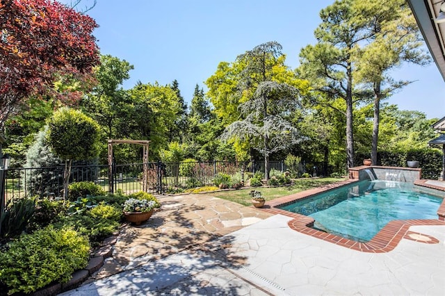 view of pool featuring a fenced in pool, a fenced backyard, and a patio area
