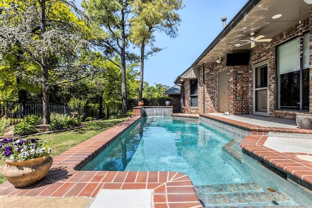 view of pool featuring a fenced in pool, a ceiling fan, a patio area, and fence