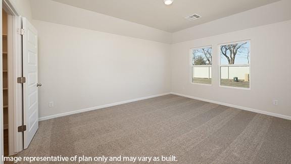 carpeted spare room featuring baseboards, recessed lighting, and visible vents