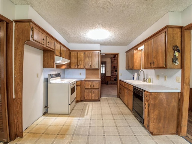 kitchen with a sink, black dishwasher, brown cabinets, under cabinet range hood, and white range with electric stovetop