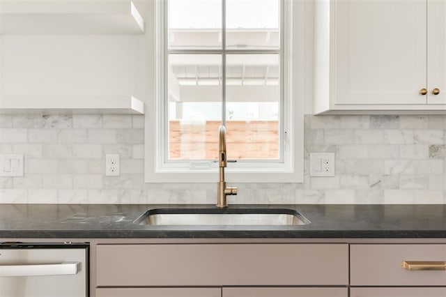 kitchen featuring backsplash, dishwasher, a sink, dark stone countertops, and white cabinetry