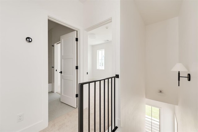 hallway featuring carpet flooring, a healthy amount of sunlight, and an upstairs landing