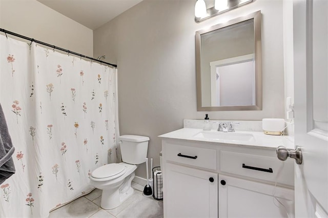 full bathroom with toilet, tile patterned floors, curtained shower, and vanity