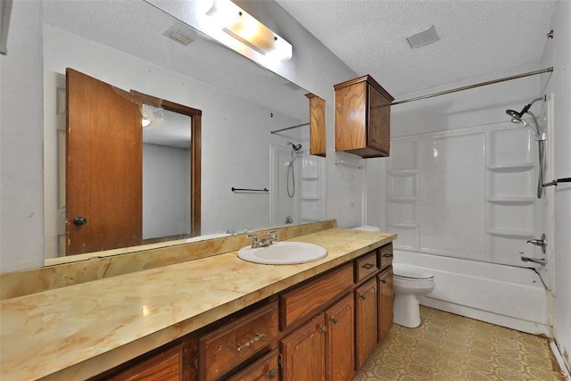 208 Harrogate Dr, Yukon, OK 73099 - full bathroom with vanity, toilet, a textured ceiling, and bathtub / shower combination
